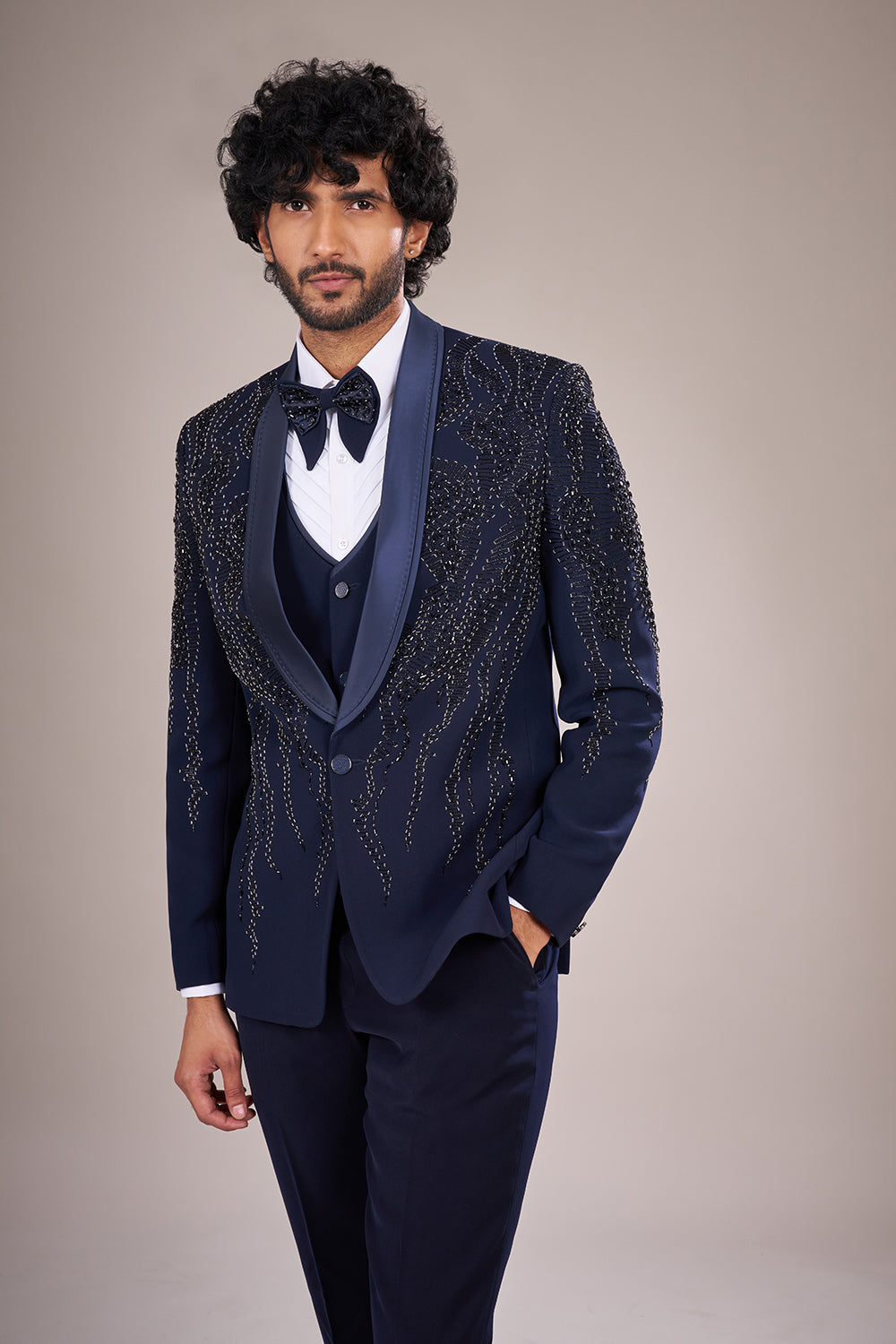 Navy Blue Rayon Tuxedo Set with Bead Embroidery