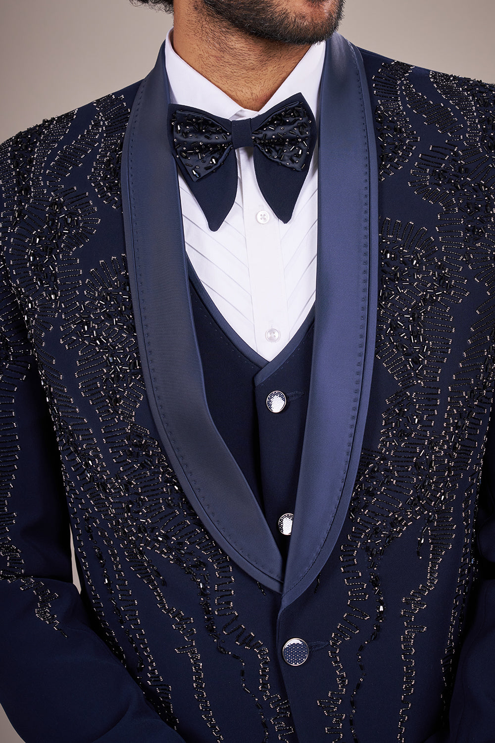 Navy Blue Rayon Tuxedo Set with Bead Embroidery