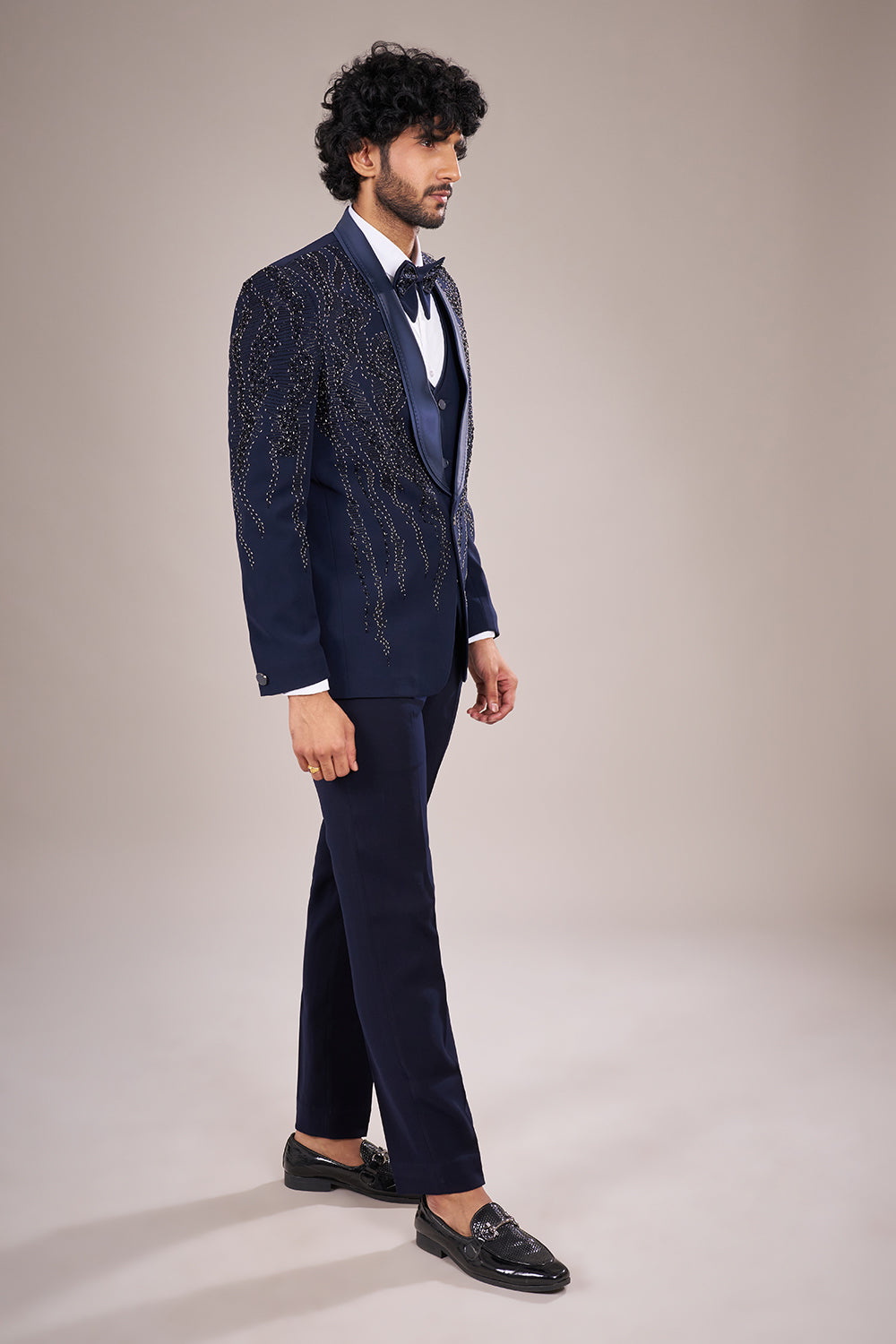 Navy Blue Rayon Tuxedo Set with Bead Embroidery