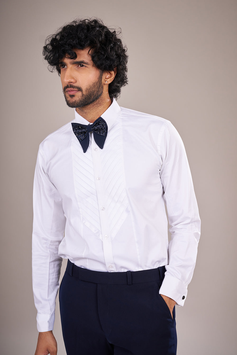 Navy Blue Rayon Tuxedo Set with Bead Embroidery