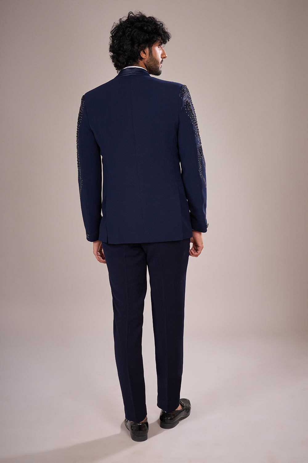 Navy Blue Rayon Tuxedo Set with Bead Embroidery
