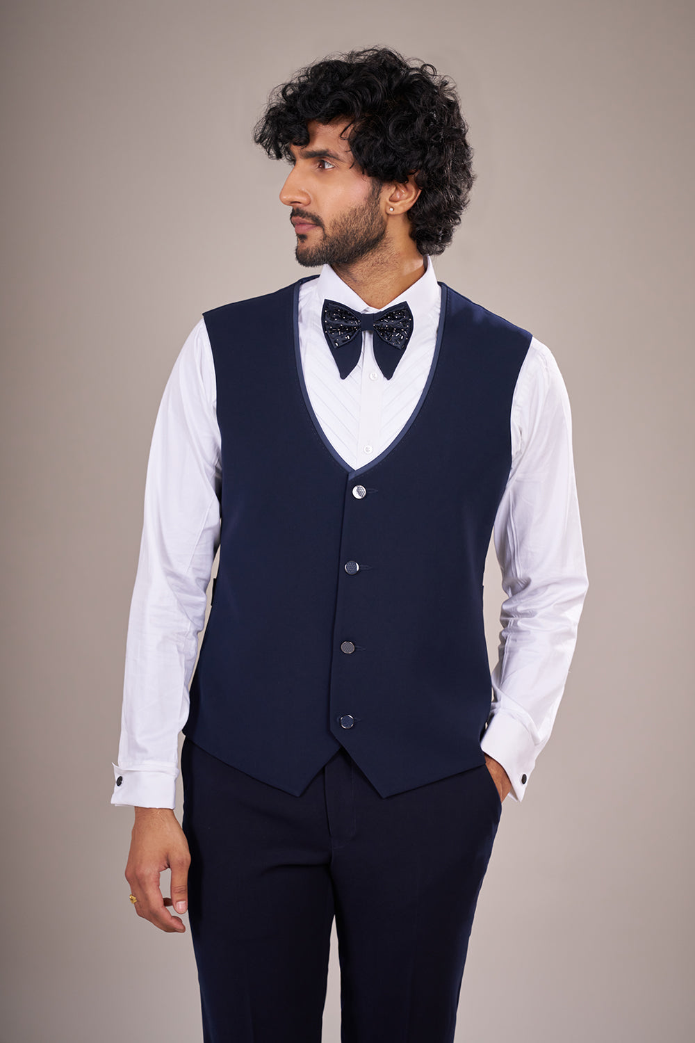 Navy Blue Rayon Tuxedo Set with Bead Embroidery