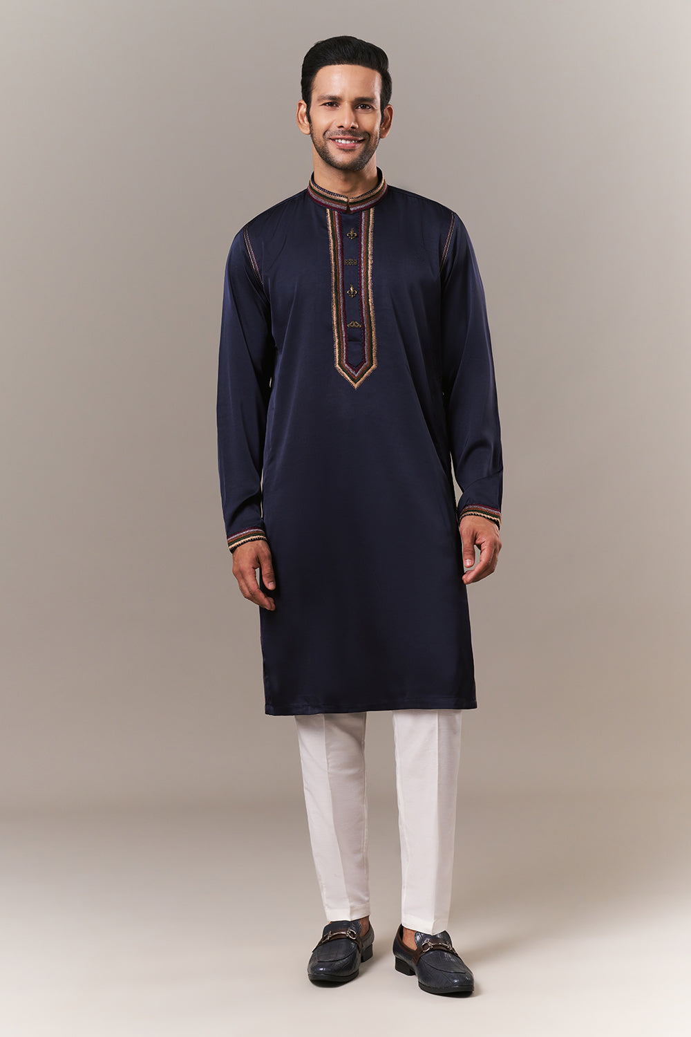 Navy Blue Satin Mens Kurta Set with Thread Work