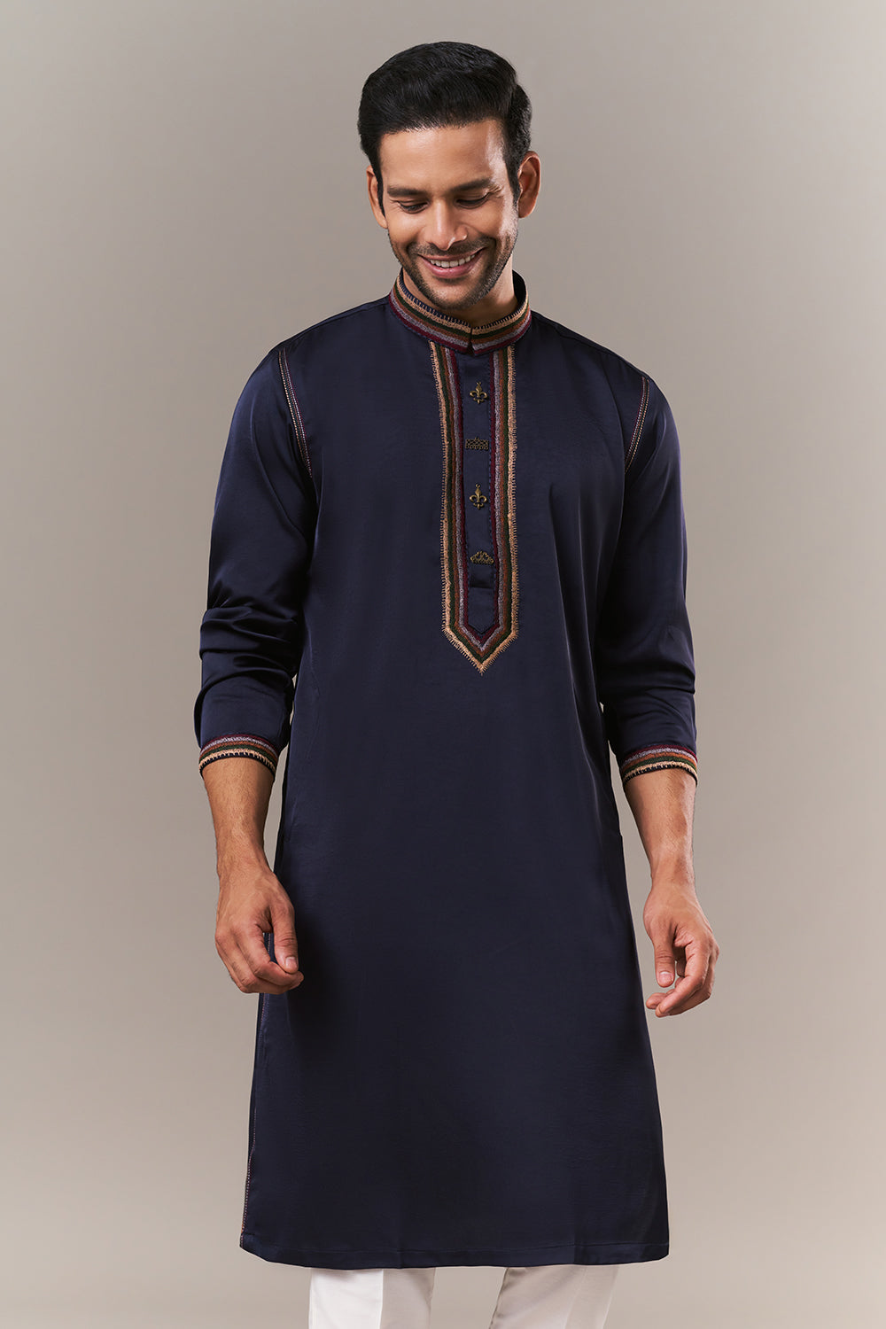 Navy Blue Satin Mens Kurta Set with Thread Work