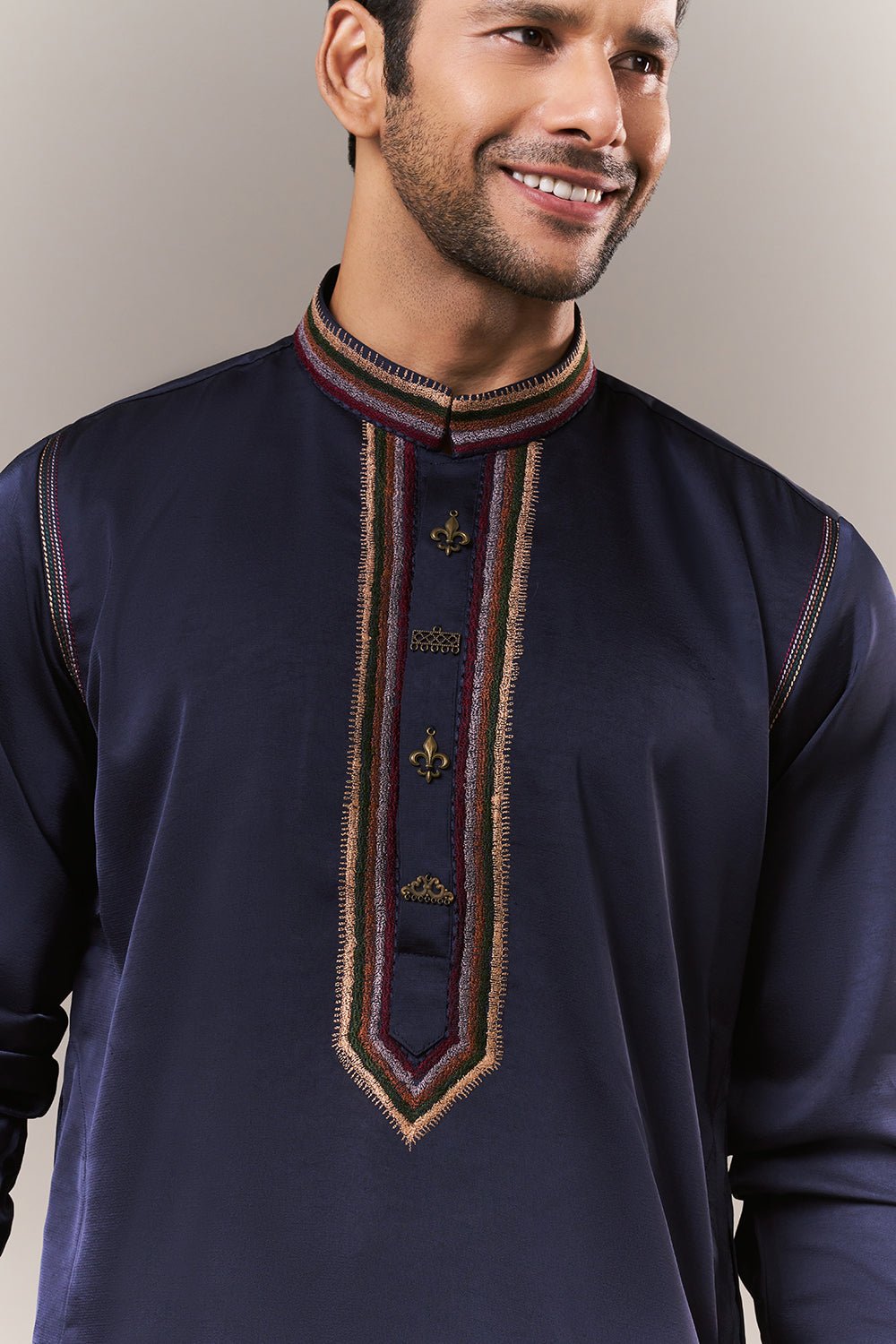 Navy Blue Satin Mens Kurta Set with Thread Work