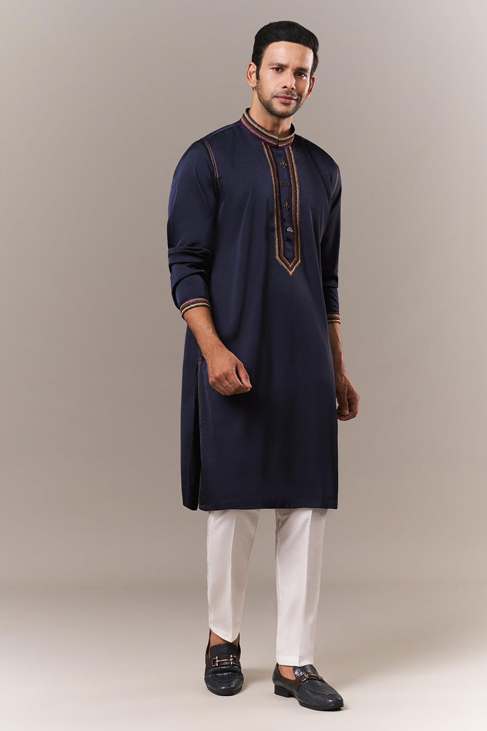 Navy Blue Satin Mens Kurta Set with Thread Work