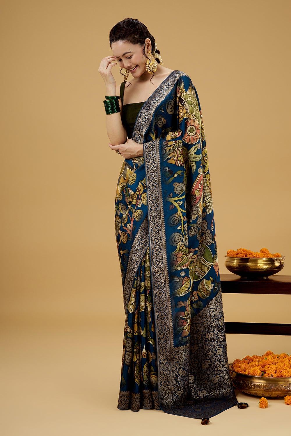 Navy Blue Satin Silk Printed Saree with Zari Work