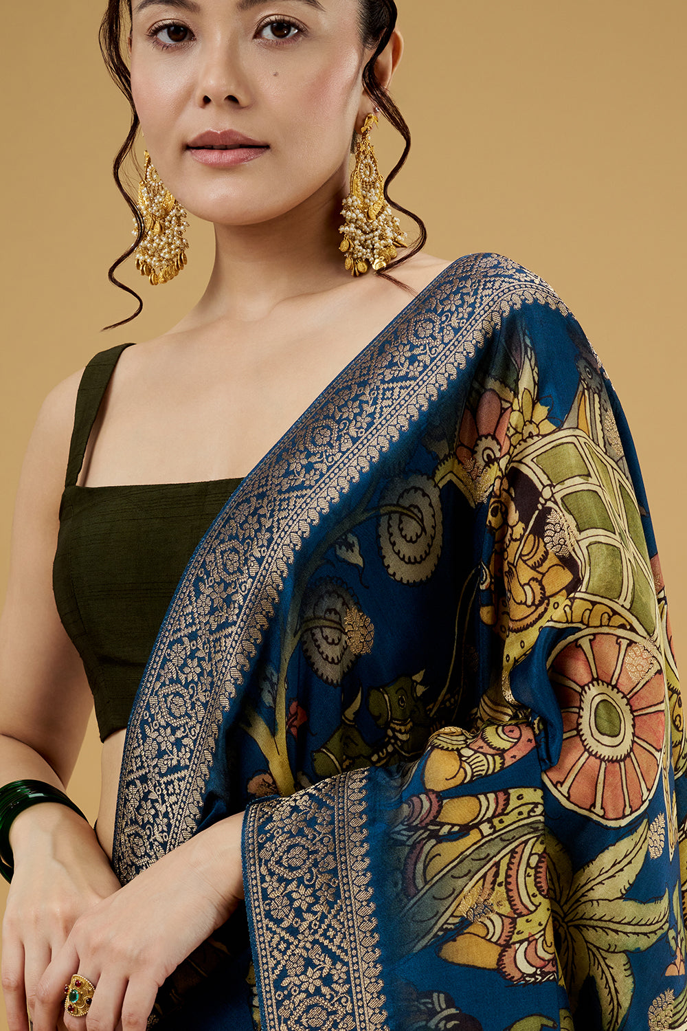 Navy Blue Satin Silk Printed Saree with Zari Work