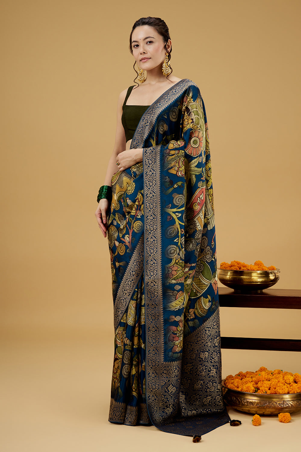 Navy Blue Satin Silk Printed Saree with Zari Work