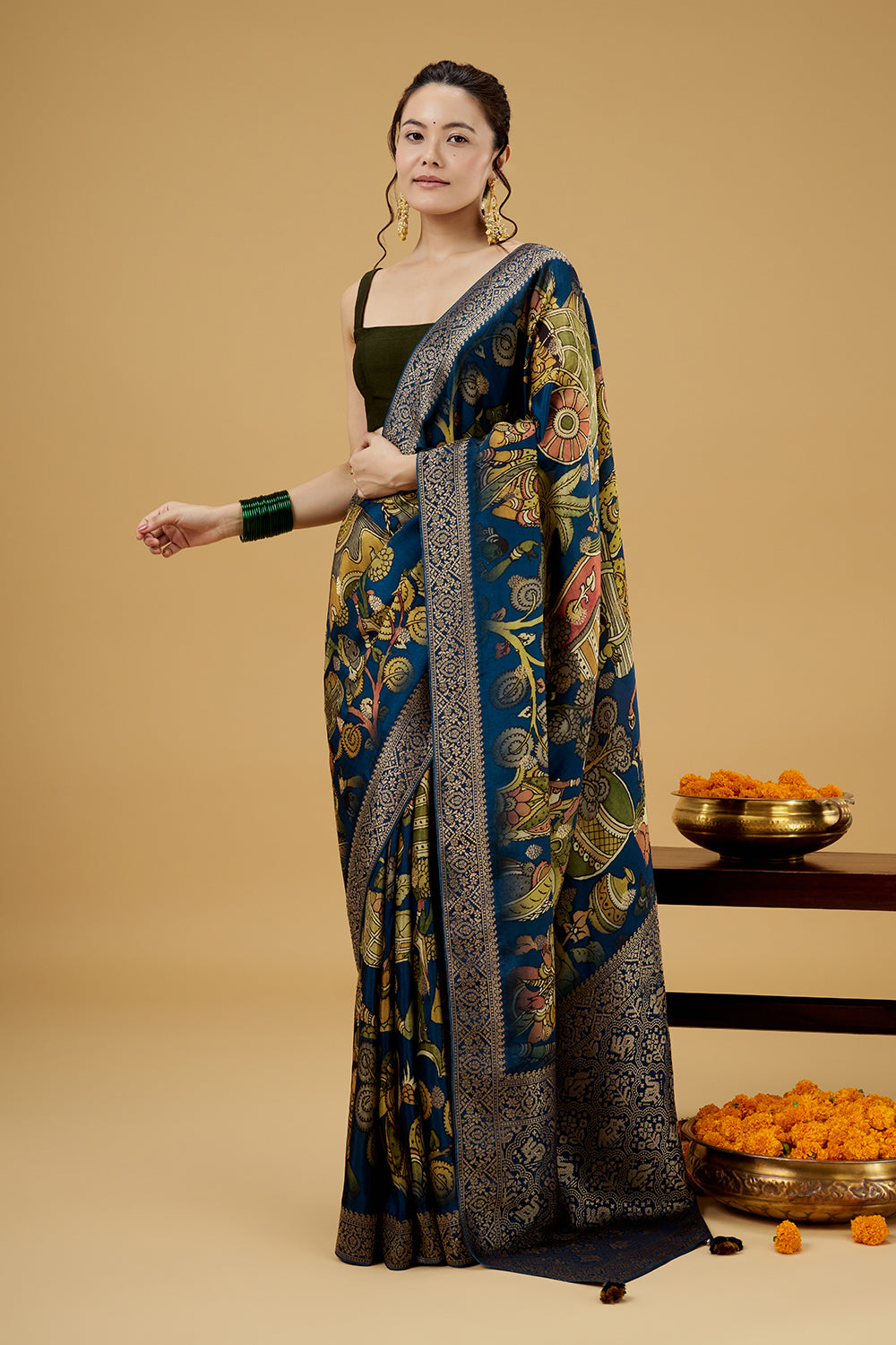 Navy Blue Satin Silk Printed Saree with Zari Work