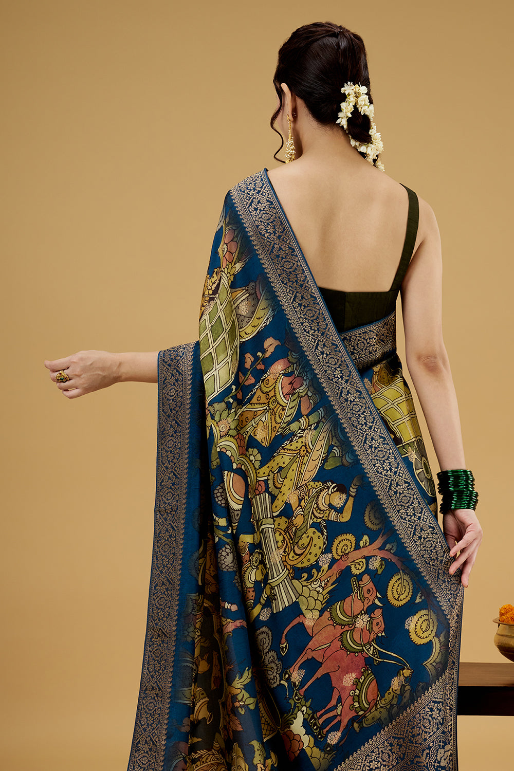 Navy Blue Satin Silk Printed Saree with Zari Work
