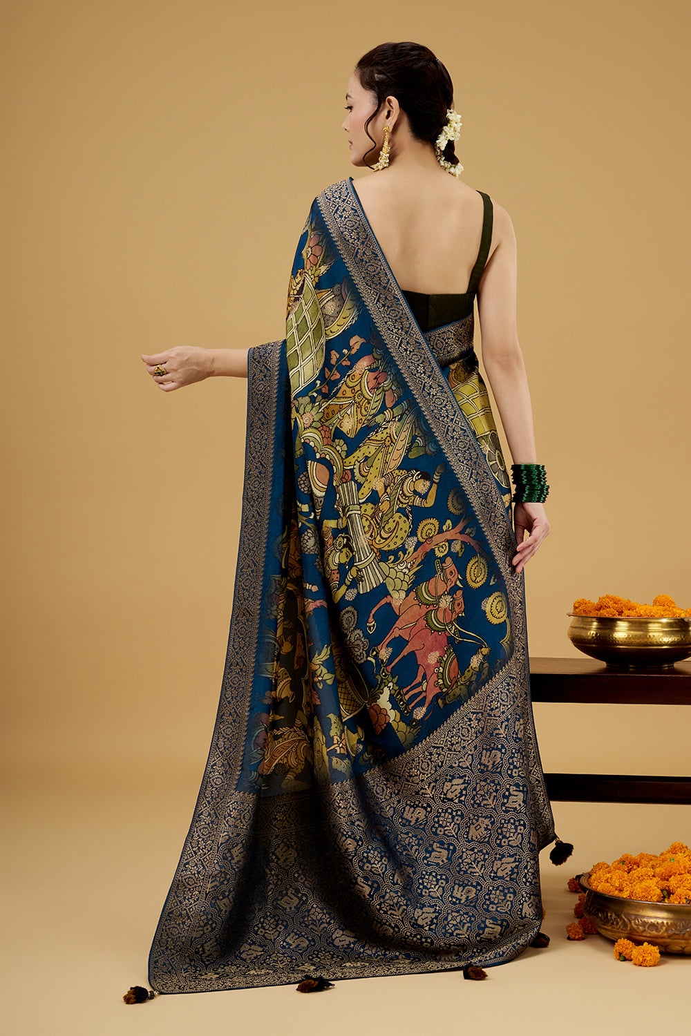 Navy Blue Satin Silk Printed Saree with Zari Work
