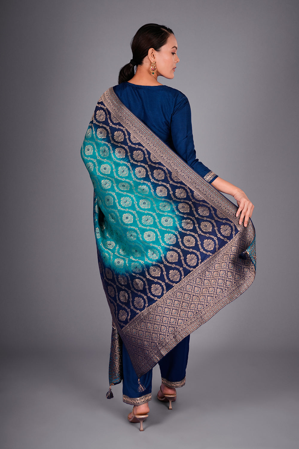 Navy Blue Silk Blend Kurta Set with Zari Embroidery and Ombre Woven Dupatta