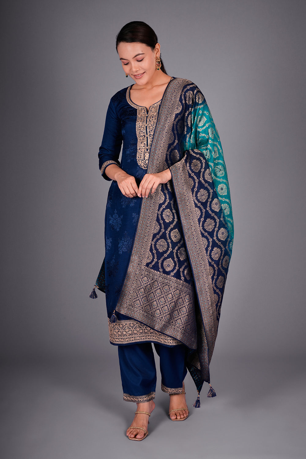 Navy Blue Silk Blend Kurta Set with Zari Embroidery and Ombre Woven Dupatta