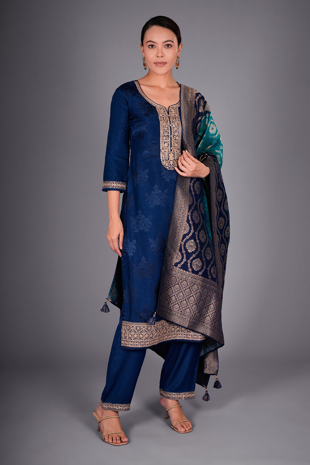 Navy Blue Silk Blend Kurta Set with Zari Embroidery and Ombre Woven Dupatta