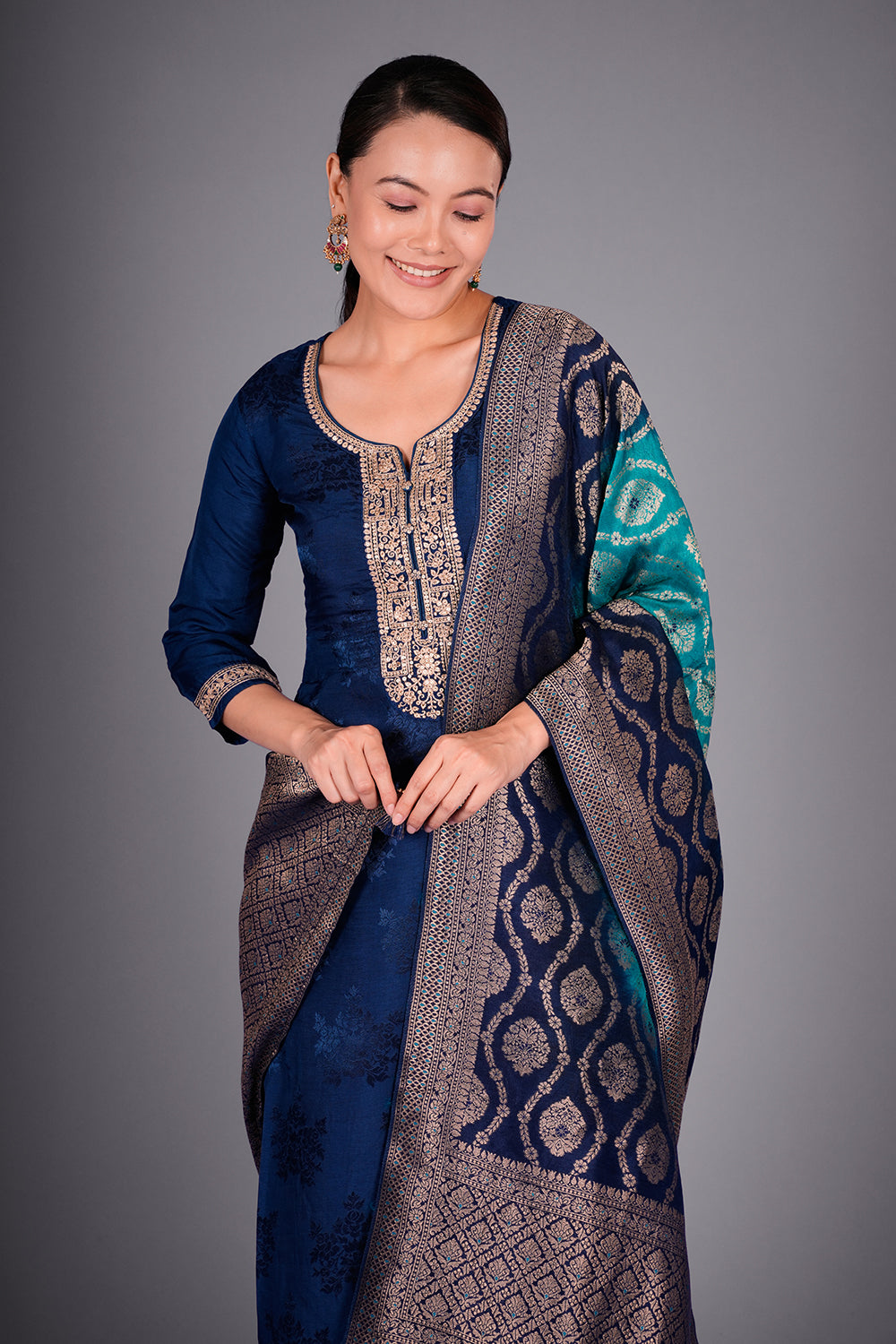 Navy Blue Silk Blend Kurta Set with Zari Embroidery and Ombre Woven Dupatta
