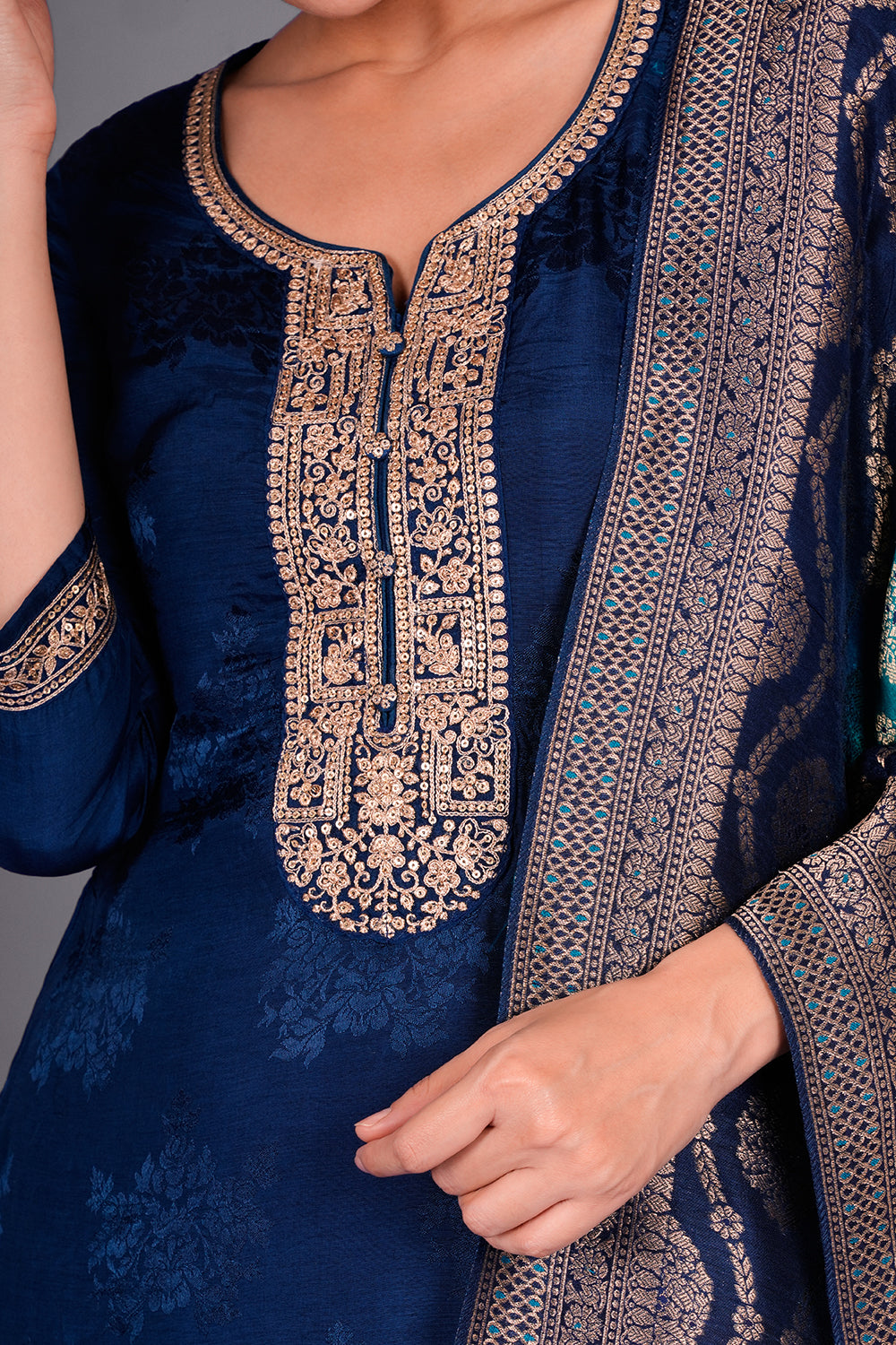 Navy Blue Silk Blend Kurta Set with Zari Embroidery and Ombre Woven Dupatta