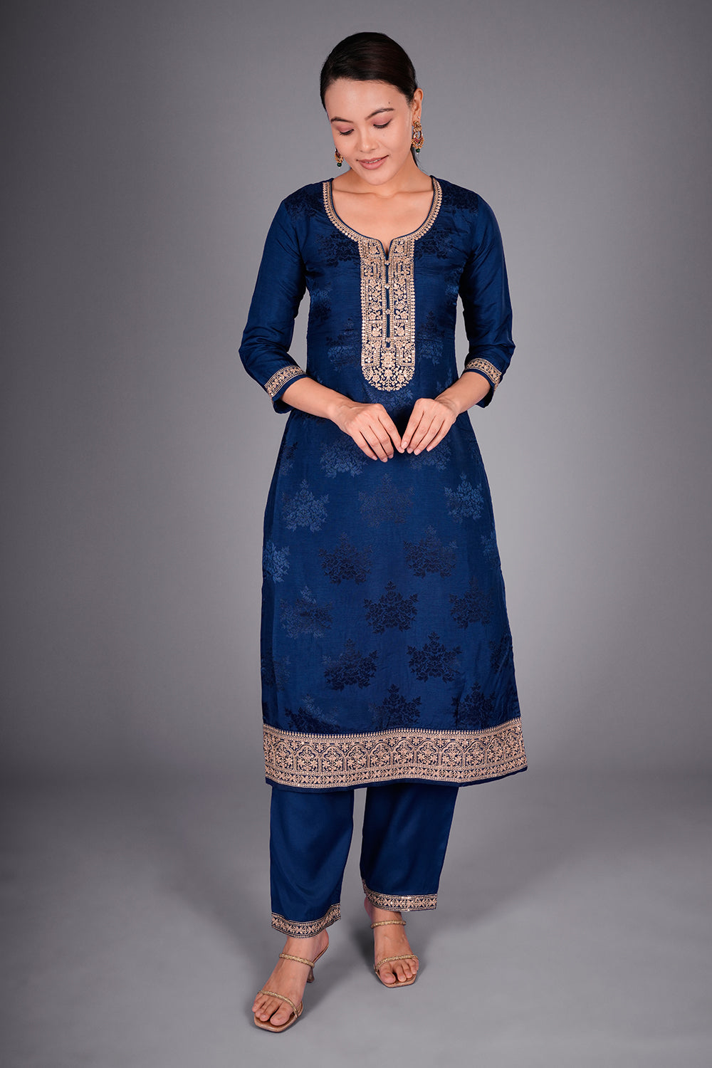 Navy Blue Silk Blend Kurta Set with Zari Embroidery and Ombre Woven Dupatta