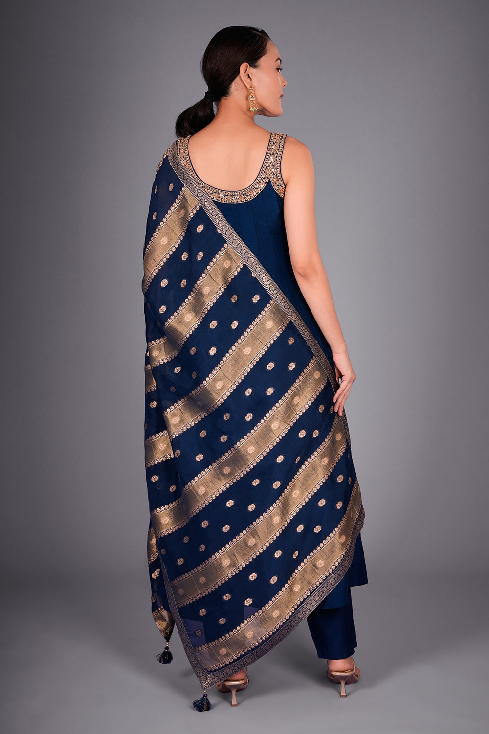 Navy Blue Silk Blend Kurta Set with Zari Embroidery and Woven Dupatta