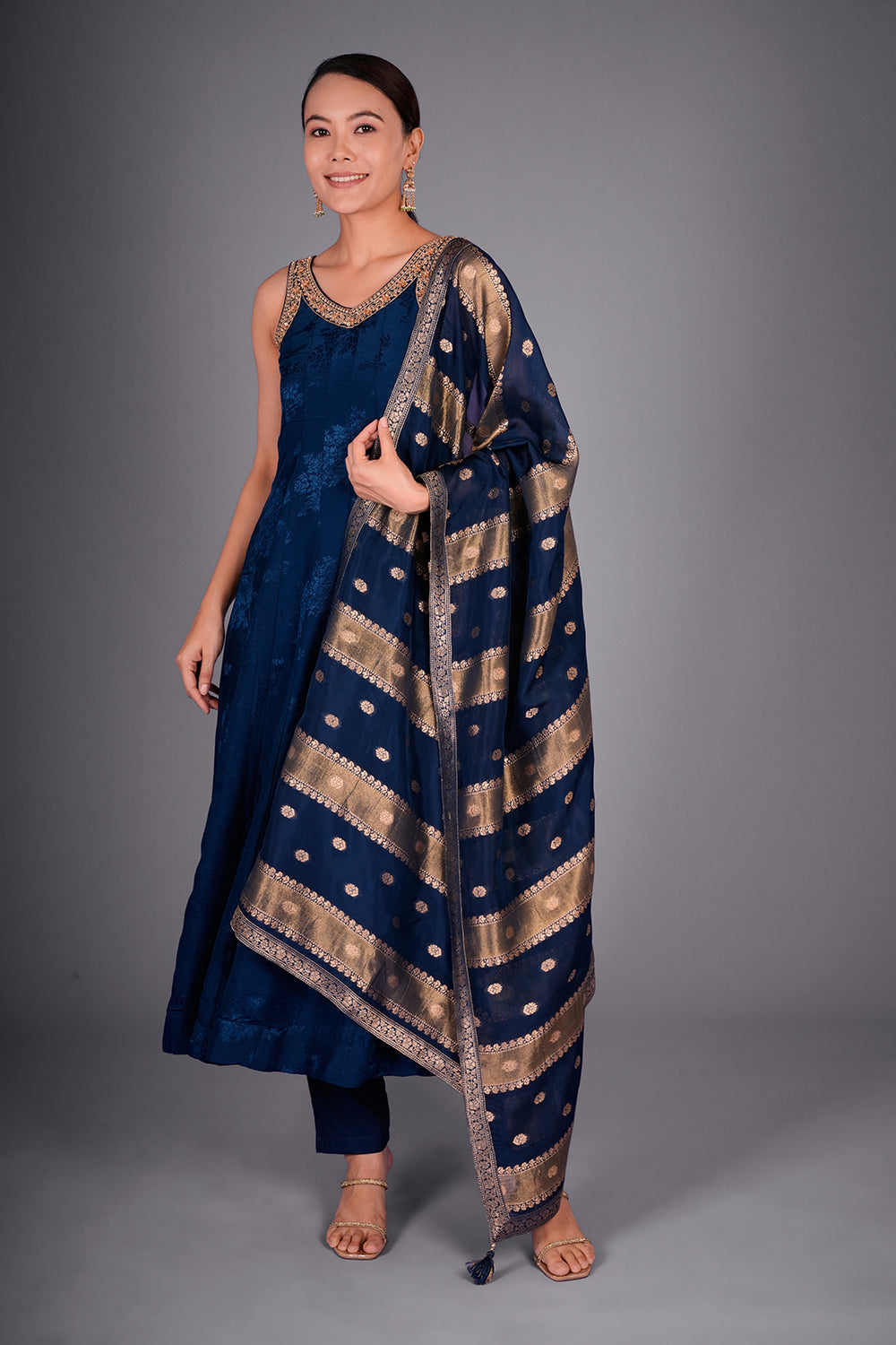 Navy Blue Silk Blend Kurta Set with Zari Embroidery and Woven Dupatta