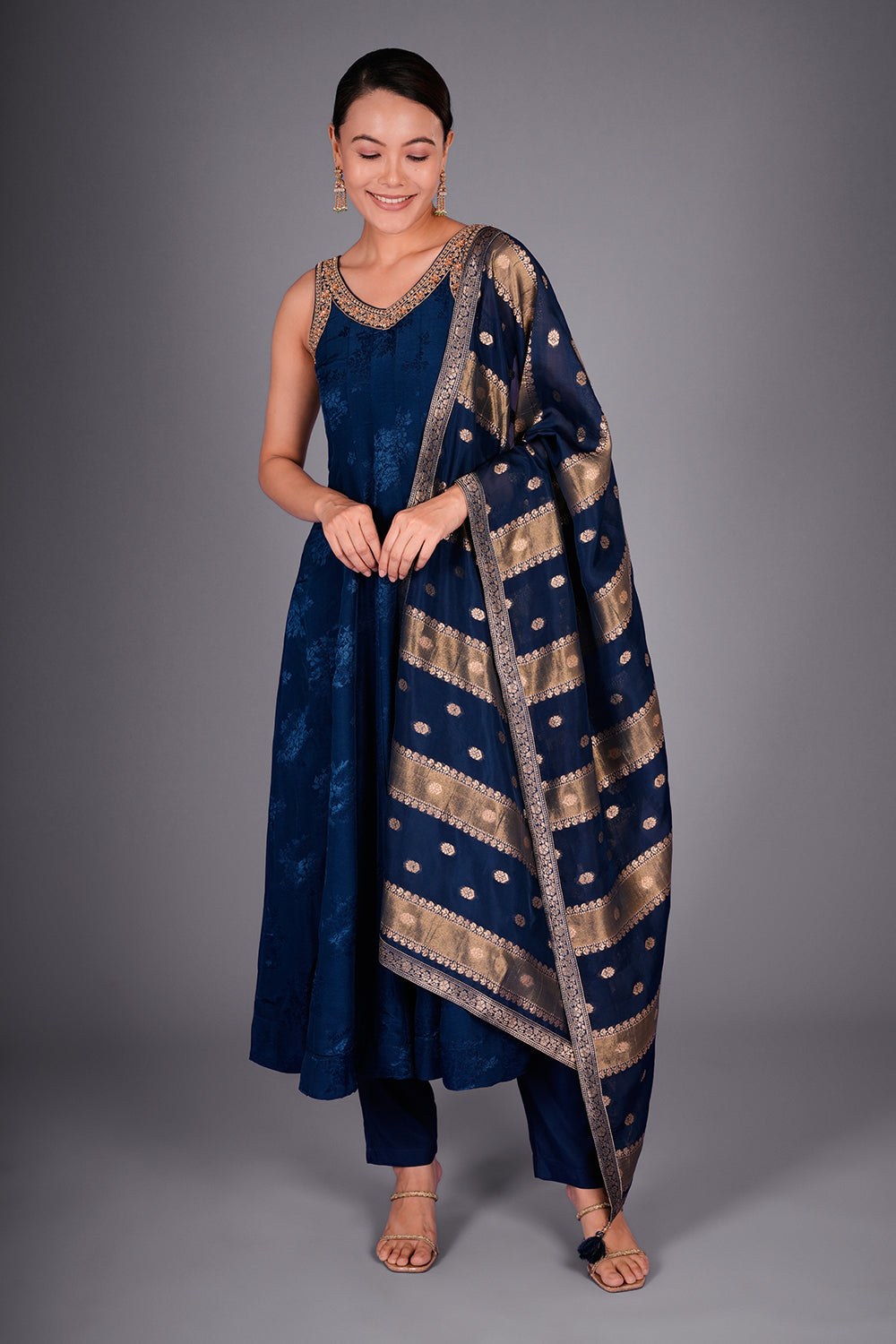 Navy Blue Silk Blend Kurta Set with Zari Embroidery and Woven Dupatta
