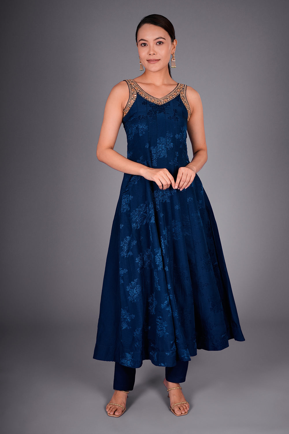 Navy Blue Silk Blend Kurta Set with Zari Embroidery and Woven Dupatta