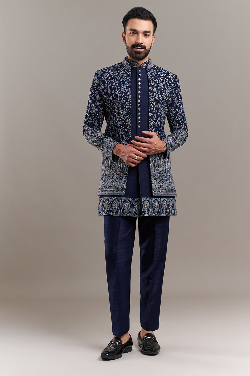 Navy Blue Silk Blend Stone Work Men's Indo-Western Set