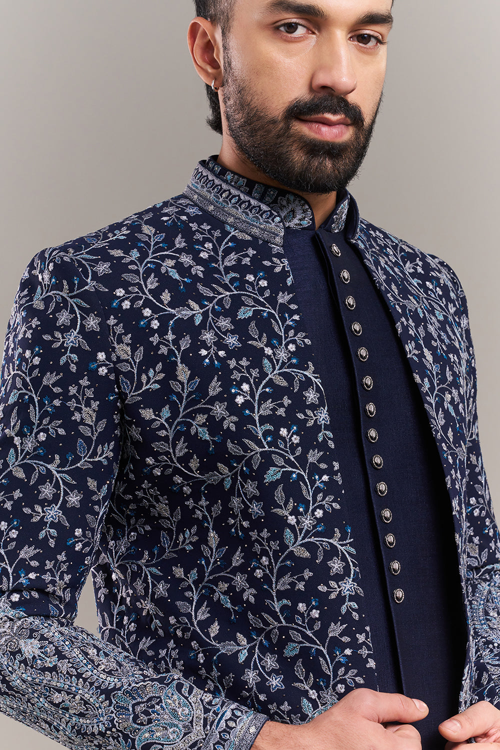 Navy Blue Silk Blend Stone Work Men's Indo-Western Set