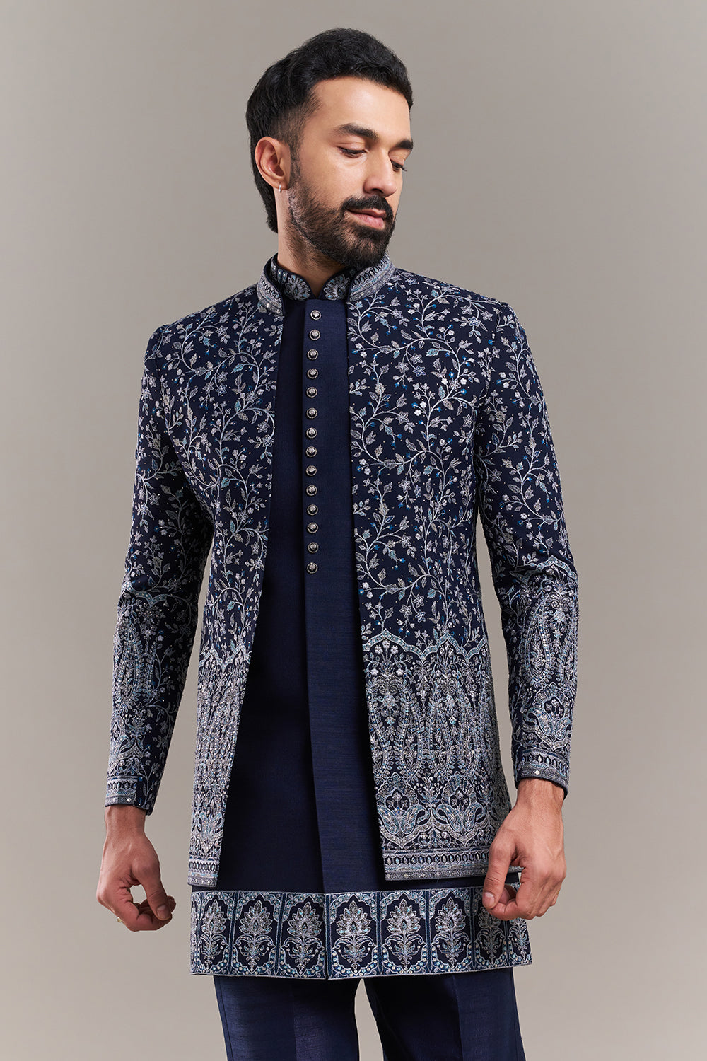 Navy Blue Silk Blend Stone Work Men's Indo-Western Set