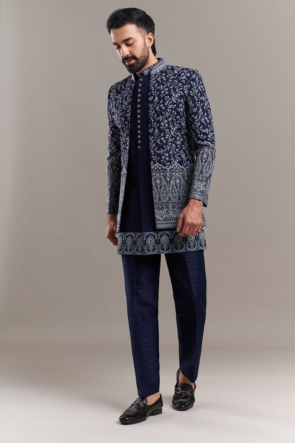 Navy Blue Silk Blend Stone Work Men's Indo-Western Set