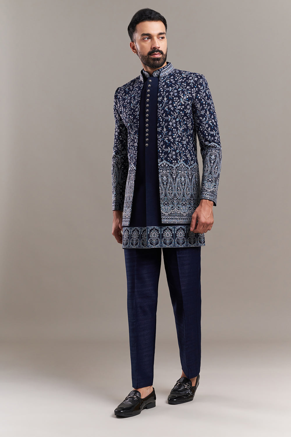 Navy Blue Silk Blend Stone Work Men's Indo-Western Set