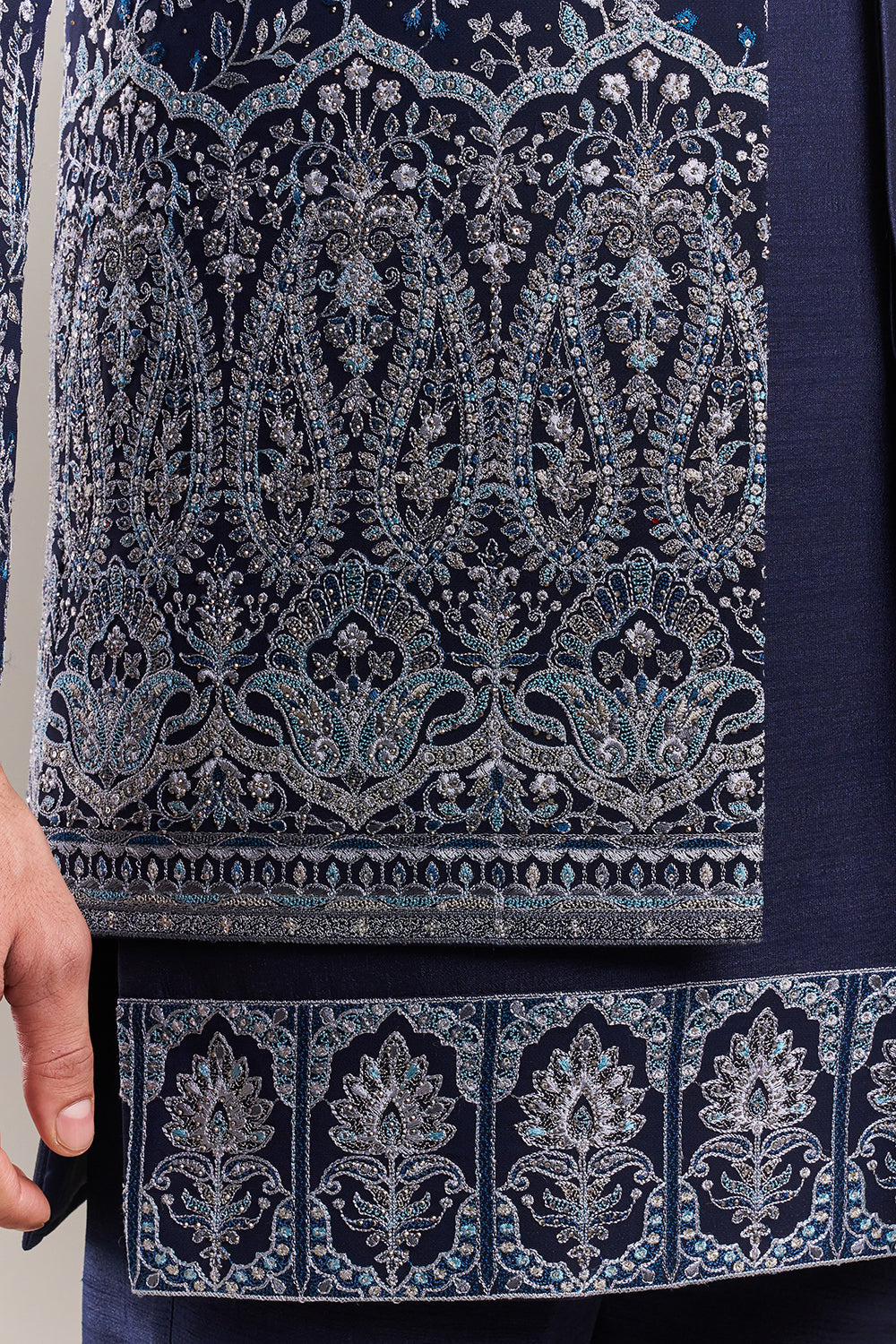 Navy Blue Silk Blend Stone Work Men's Indo-Western Set