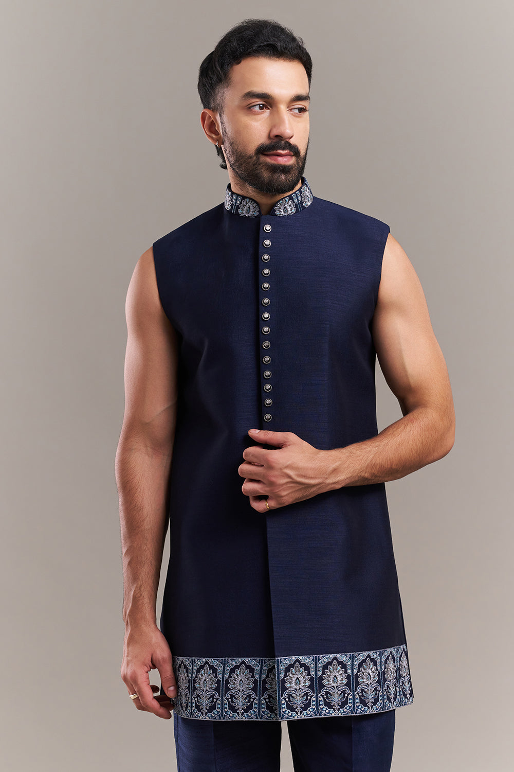 Navy Blue Silk Blend Stone Work Men's Indo-Western Set