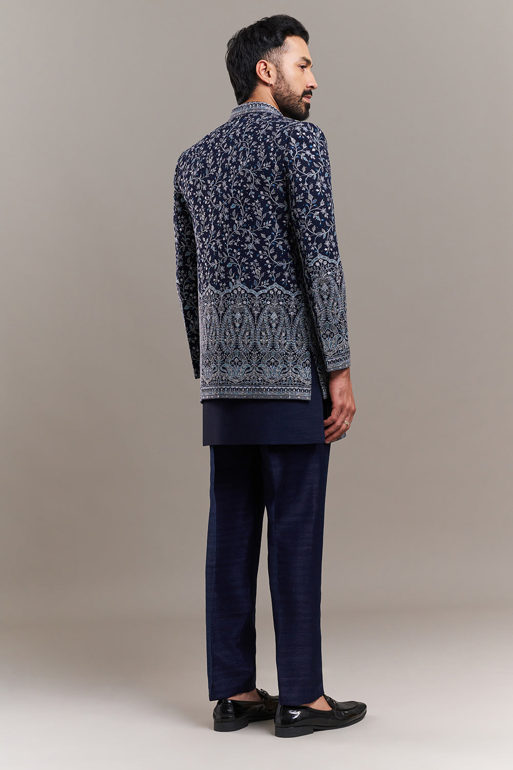 Navy Blue Silk Blend Stone Work Men's Indo-Western Set