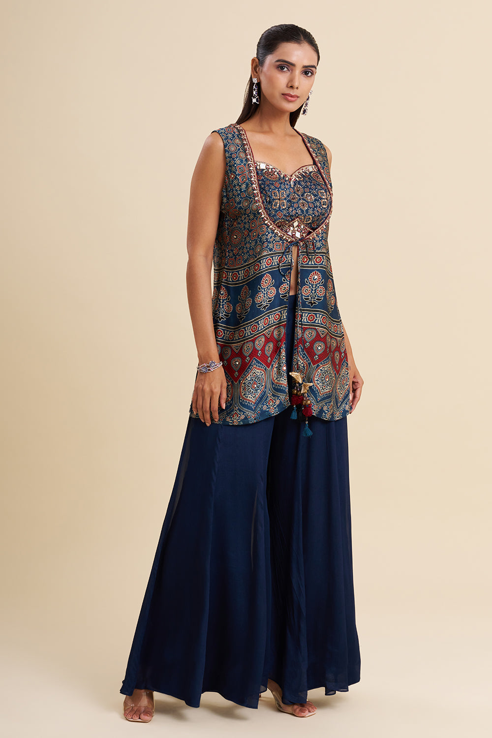 Navy Blue Silk Fusion Set with Ajrakh Work