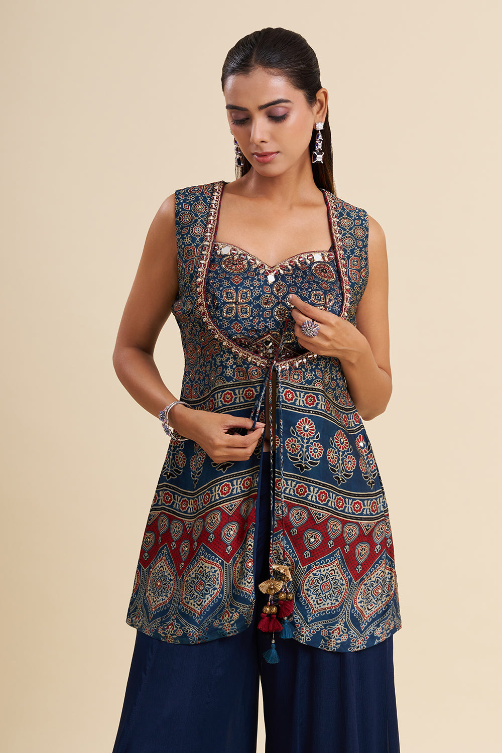 Navy Blue Silk Fusion Set with Ajrakh Work