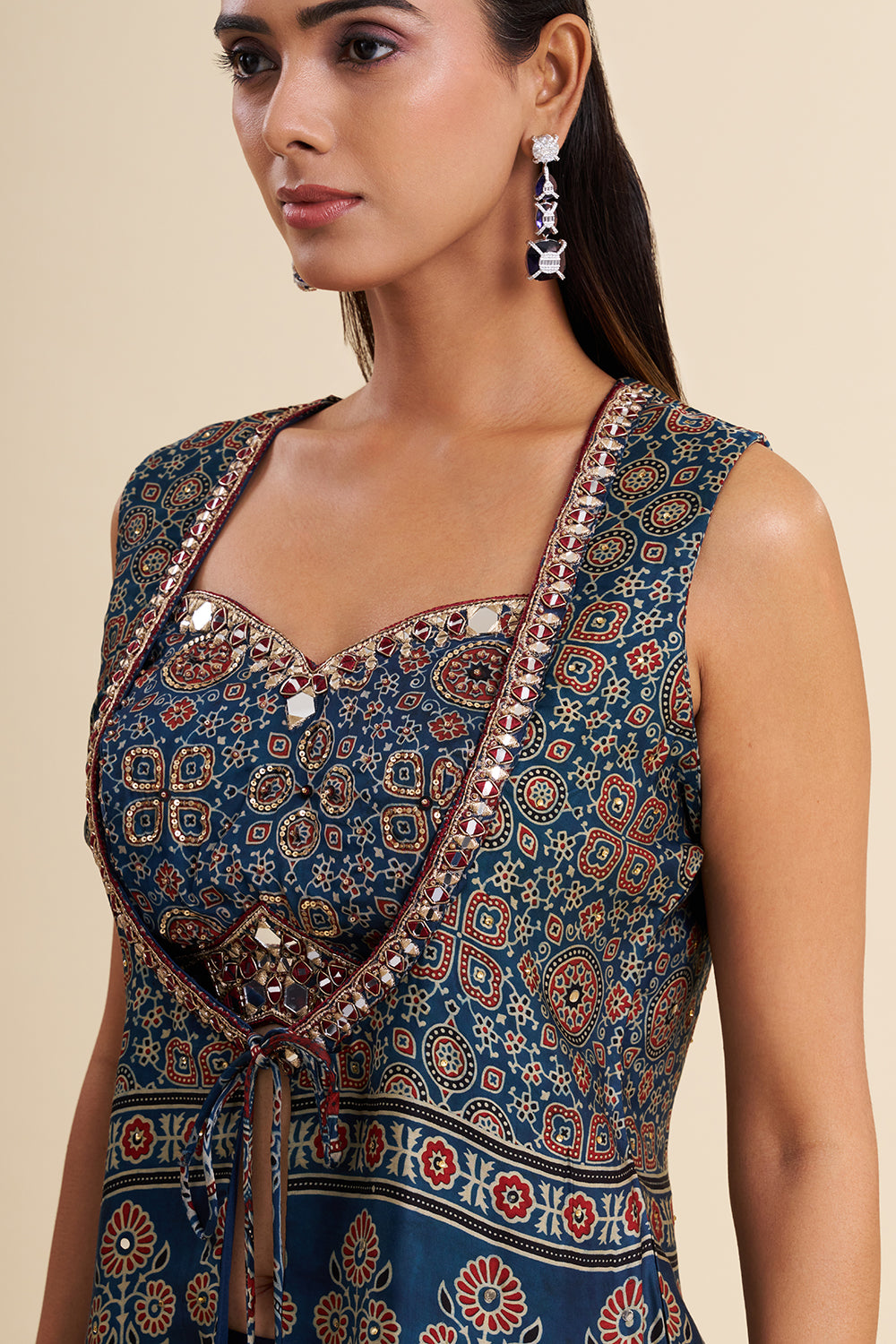 Navy Blue Silk Fusion Set with Ajrakh Work