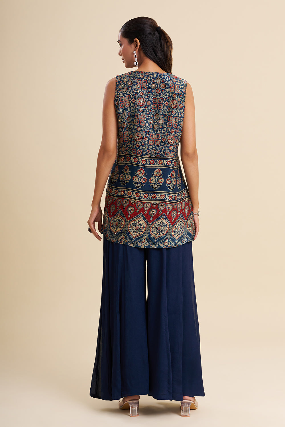 Navy Blue Silk Fusion Set with Ajrakh Work
