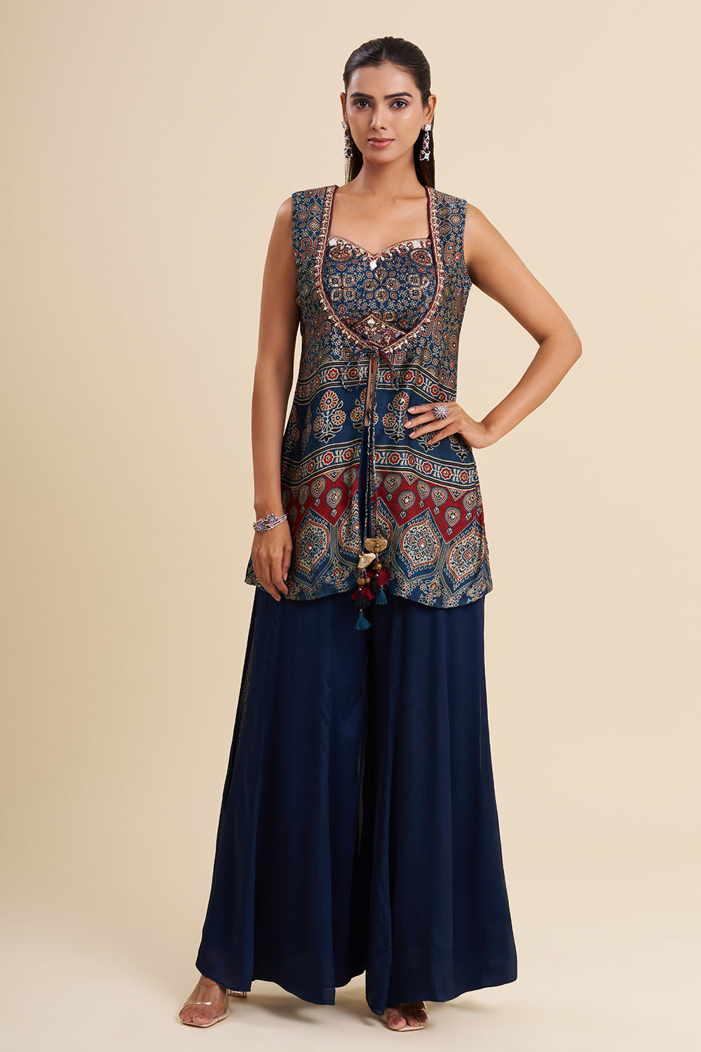 Navy Blue Silk Fusion Set with Ajrakh Work