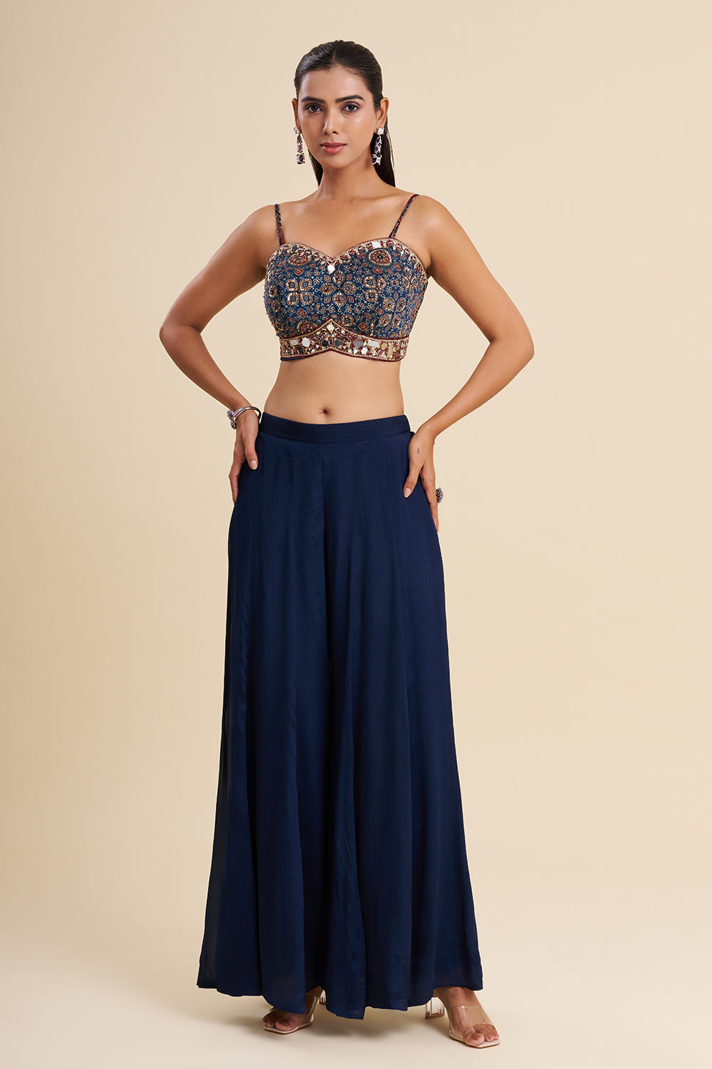 Navy Blue Silk Fusion Set with Ajrakh Work