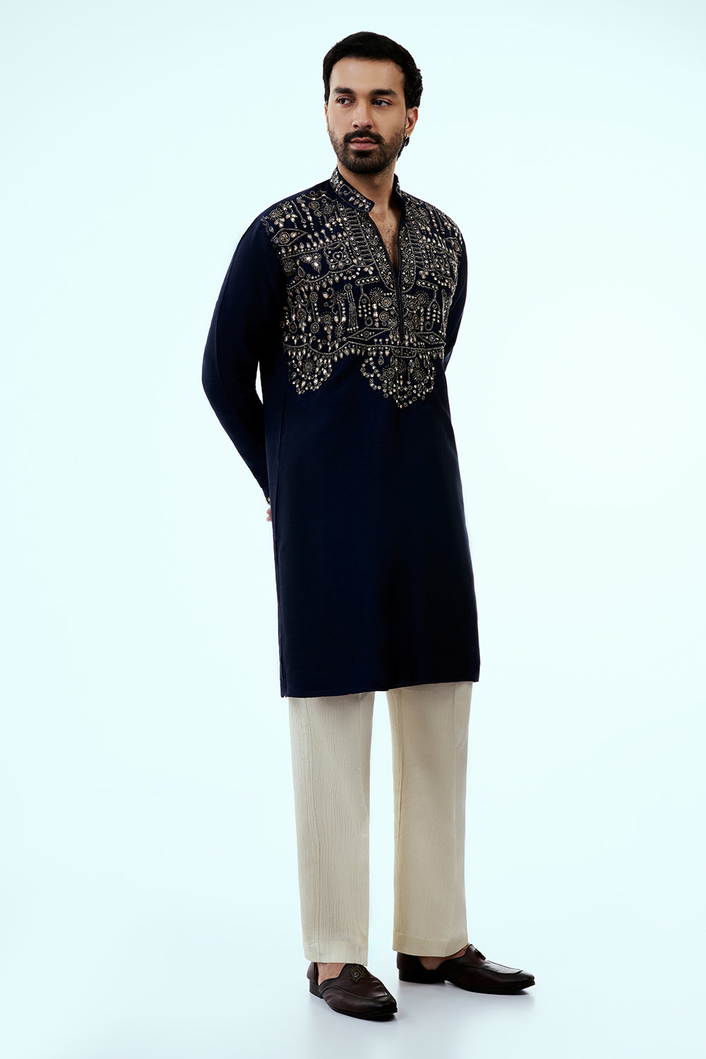 Navy Blue Silk Mens Kurta Set with Cutdana Work