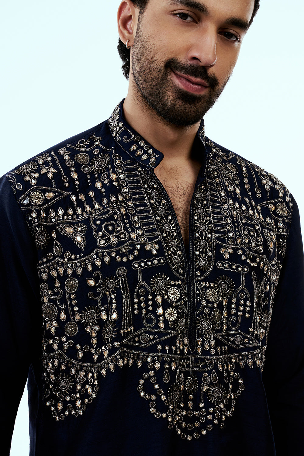 Navy Blue Silk Mens Kurta Set with Cutdana Work