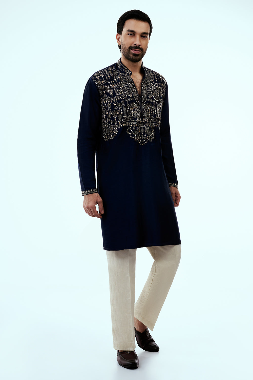 Navy Blue Silk Mens Kurta Set with Cutdana Work