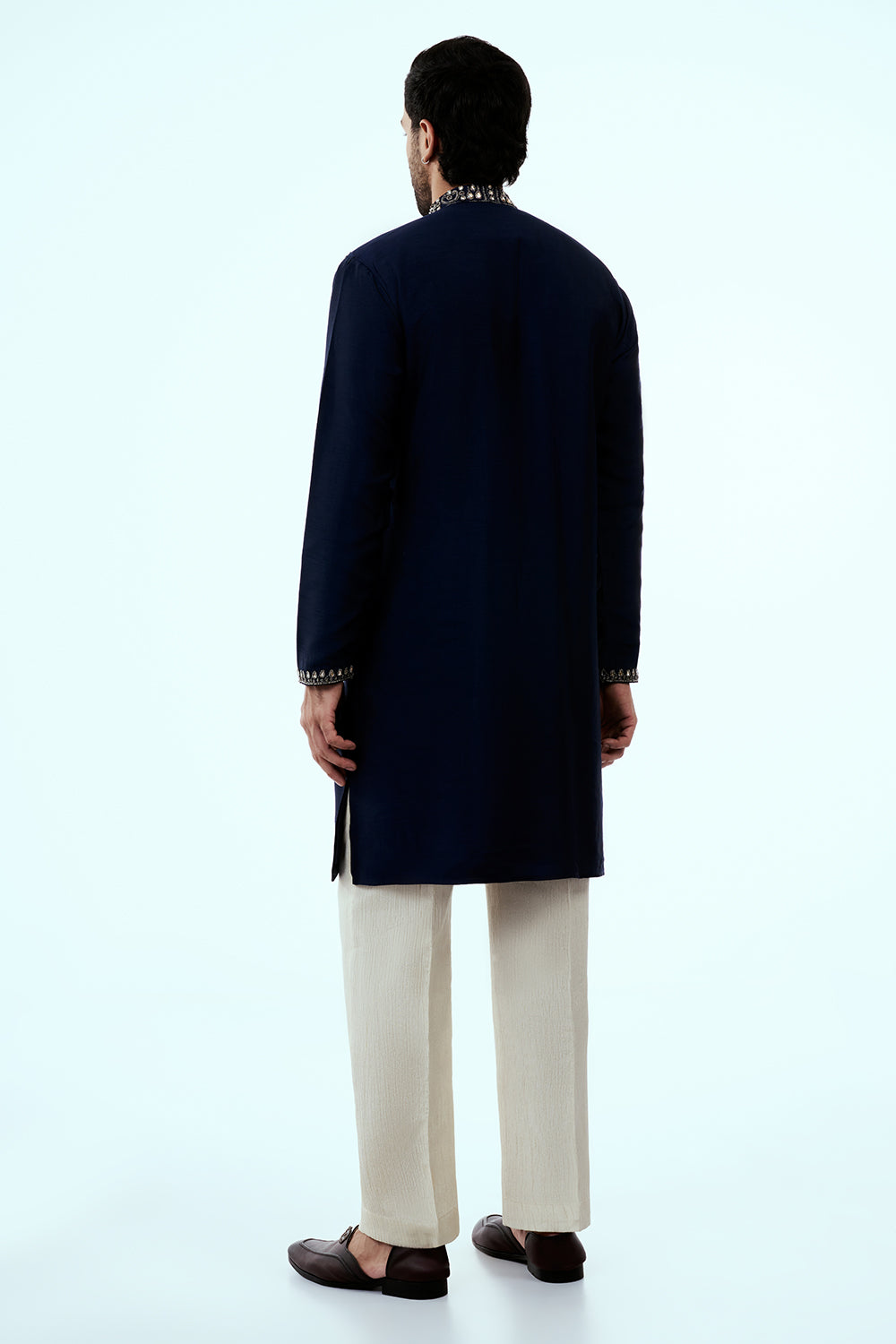 Navy Blue Silk Mens Kurta Set with Cutdana Work