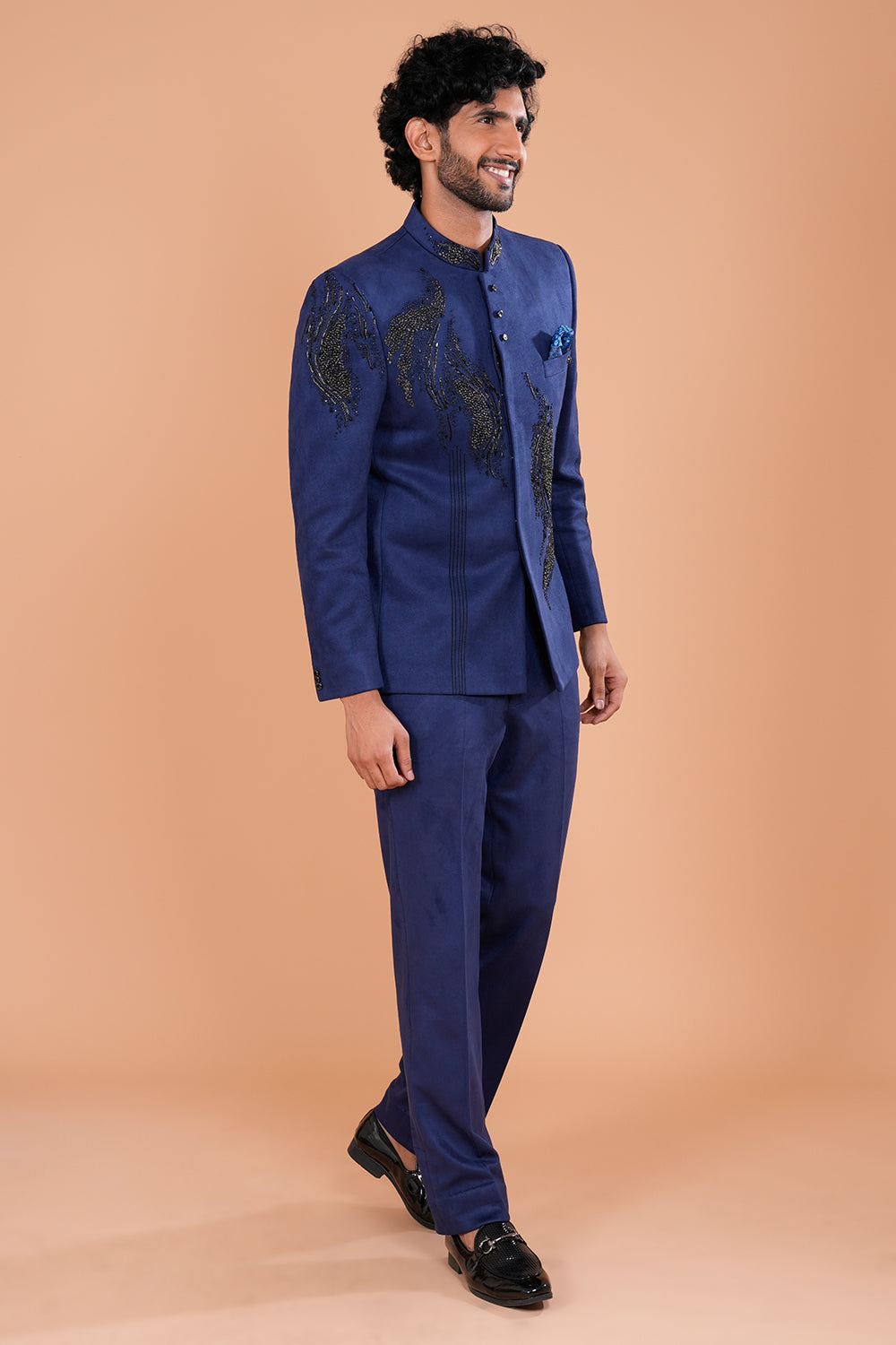 Navy Blue Suede Jodhpuri Set