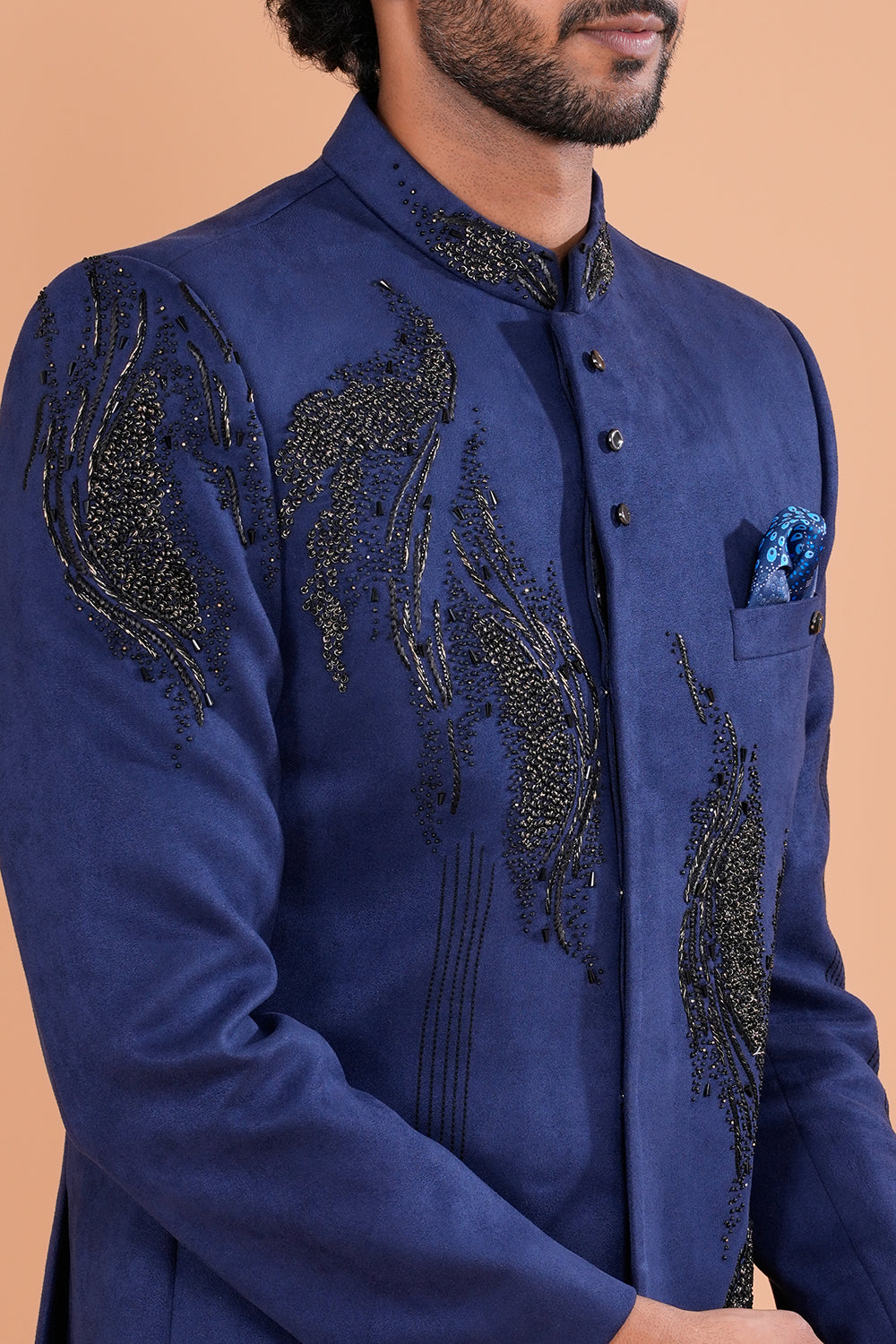 Navy Blue Suede Jodhpuri Set