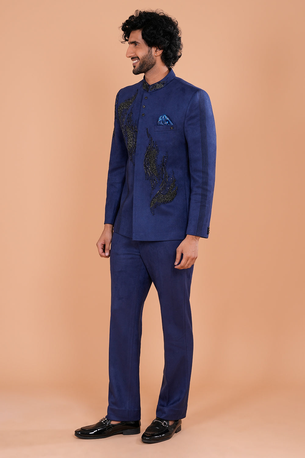 Navy Blue Suede Jodhpuri Set