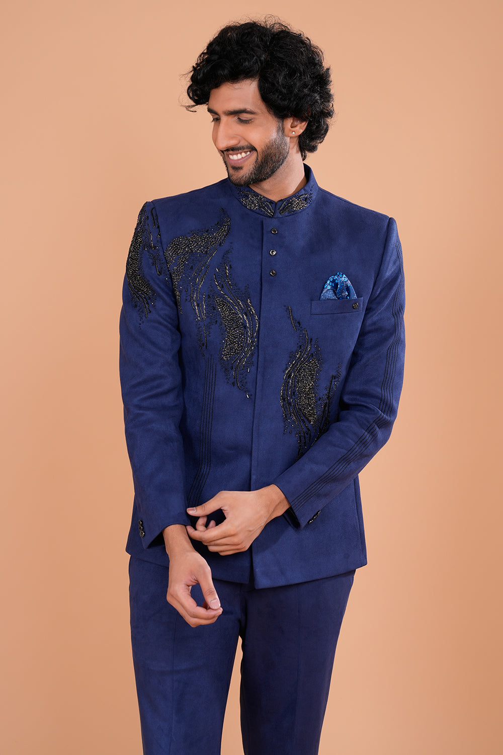 Navy Blue Suede Jodhpuri Set