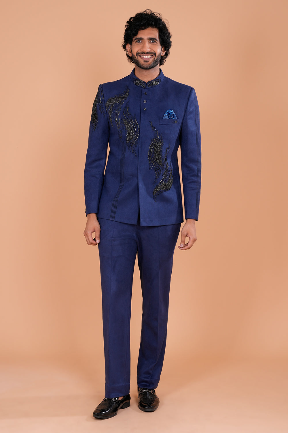 Navy Blue Suede Jodhpuri Set