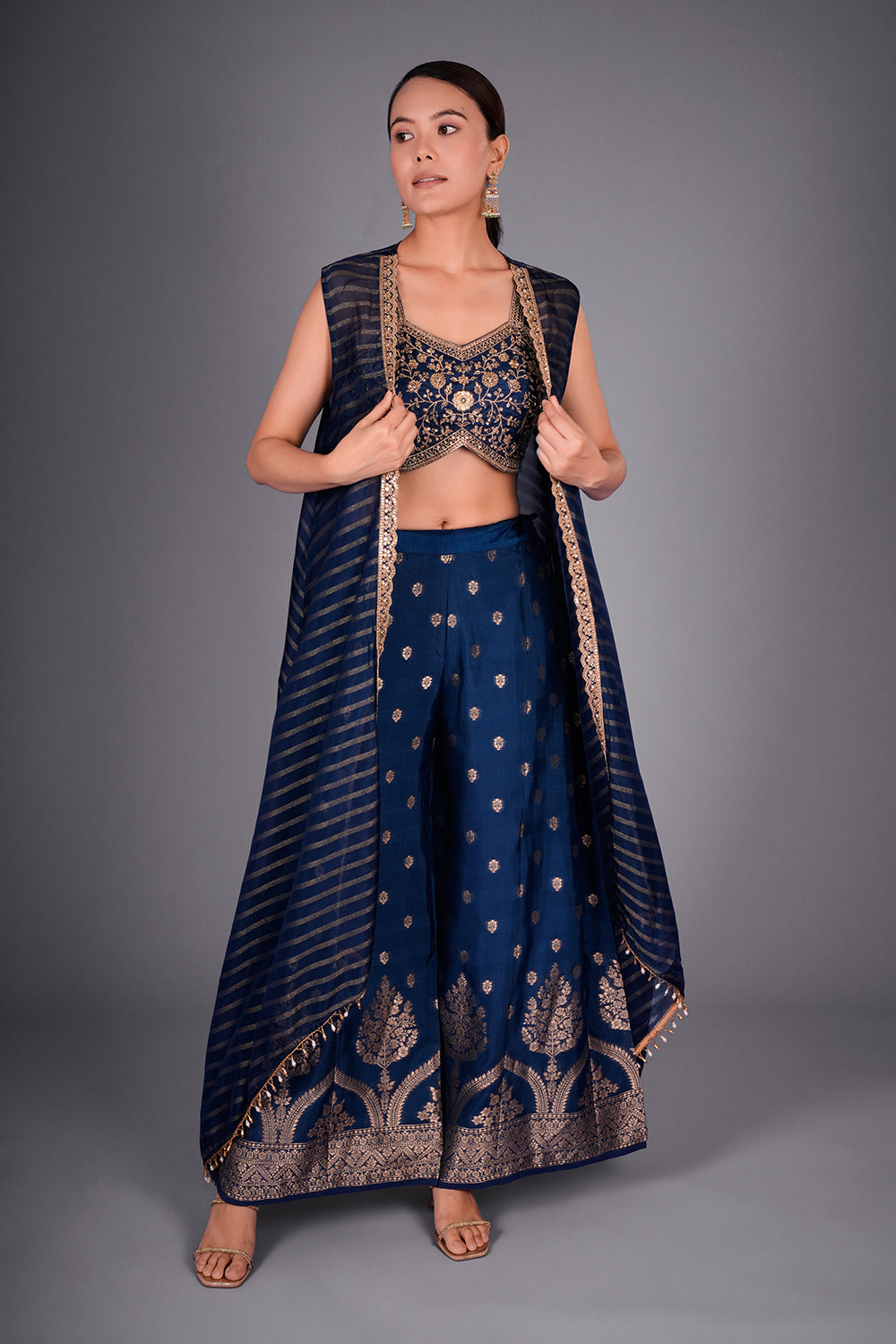 Navy Blue Suit with Embroidered Bustier and Leheriya Cape